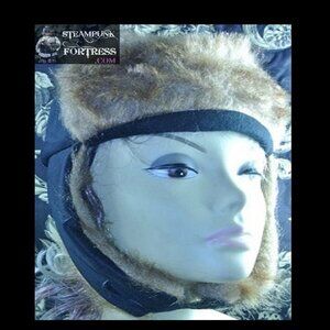 BLACK FUR FURRY TAN AVIATOR CAP HAT HELMET ADJUSTABLE STRAP COSPLAY COSTUME HALL